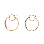 Aretes doble círculo con Zirconias de Colores.  Broche de Presión. 3cm.  Oro Amarillo de 10 kilates.