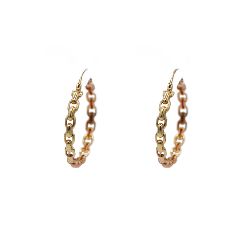 Aretes para Dama tejido de eslabón forzado.  Broche de Presión.  Oro Combinado Amarillo, Blanco y Rosa de 10 kilates.