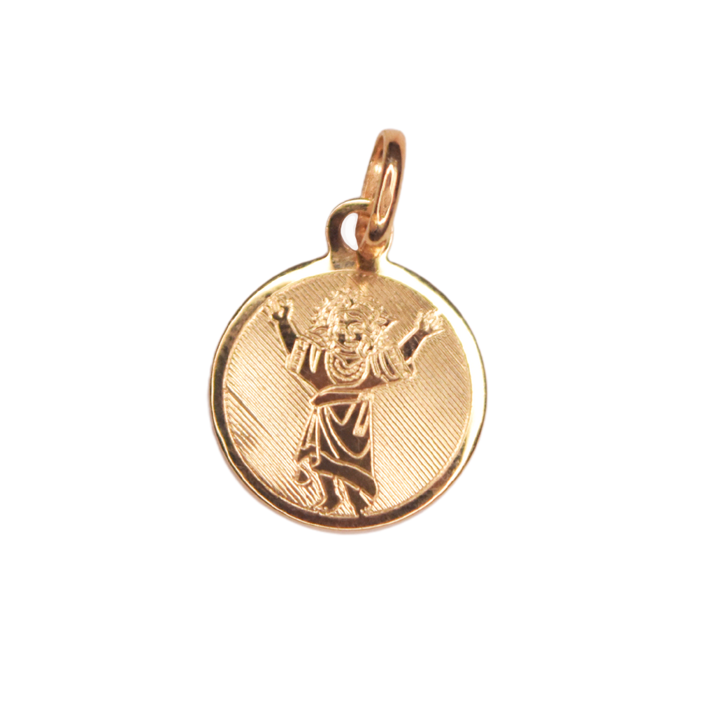Medalla redonda para Bautizo con imagen en relieve del Santo Niño Jesús.  Oro Amarillo de 10 kilates.