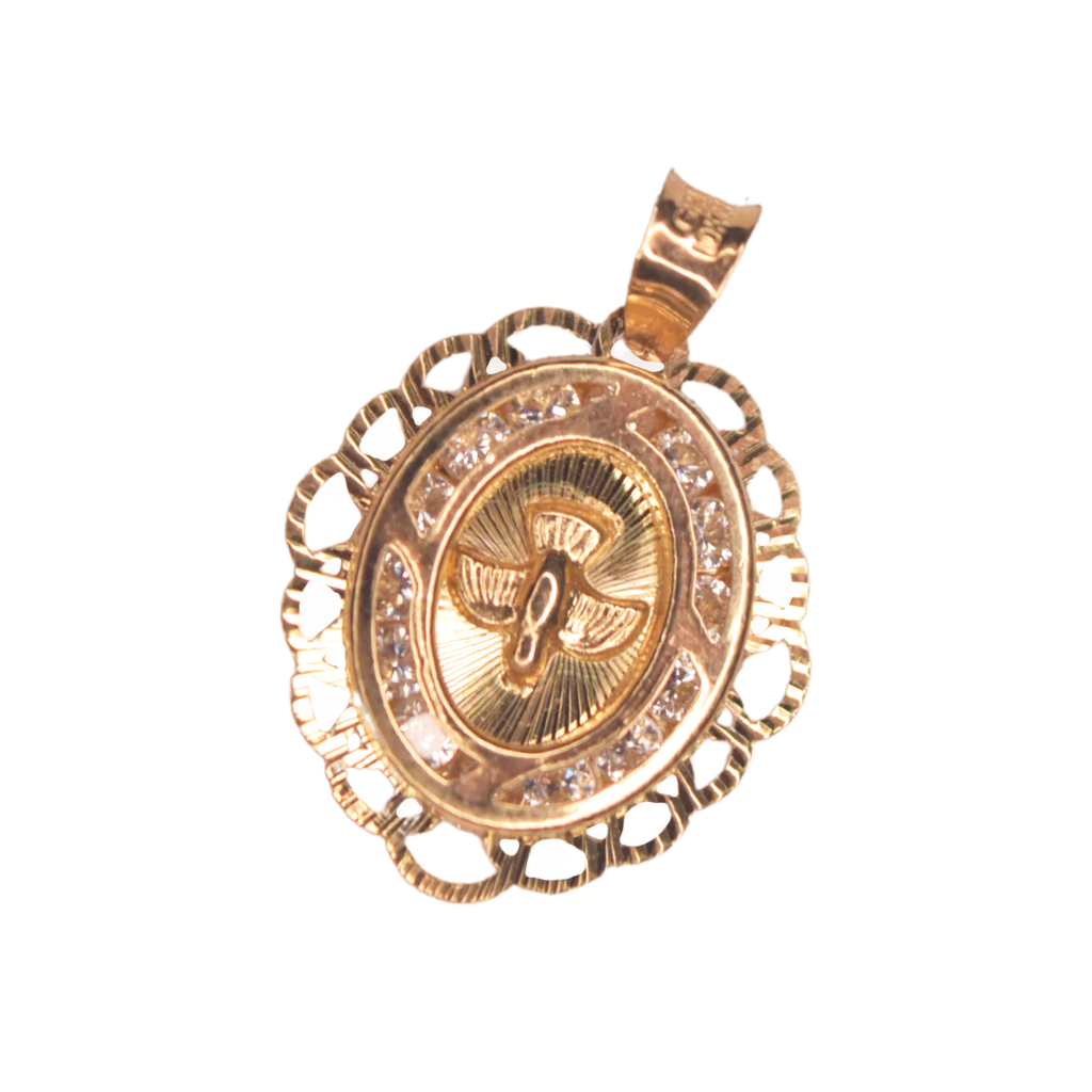 Medalla ovalada para Bautizo con imagen en relieve del Espíritu Santo adornada con zirconias en corte brillante y contorno troquelado.  Oro Amarillo de 10 kilates.