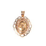 Medalla ovalada para Bautizo con imagen en relieve del Espíritu Santo adornada con zirconias en corte brillante y contorno troquelado.  Oro Amarillo de 10 kilates.