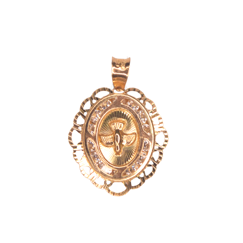 Medalla ovalada para Bautizo con imagen en relieve del Espíritu Santo adornada con zirconias en corte brillante y contorno troquelado.  Oro Amarillo de 10 kilates.