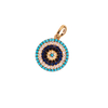 Dije circular de Ojo Turco adornado con Zirconias de colores en Corte Brillante.  2 centímetros.  Oro Amarillo de 14 kilates.