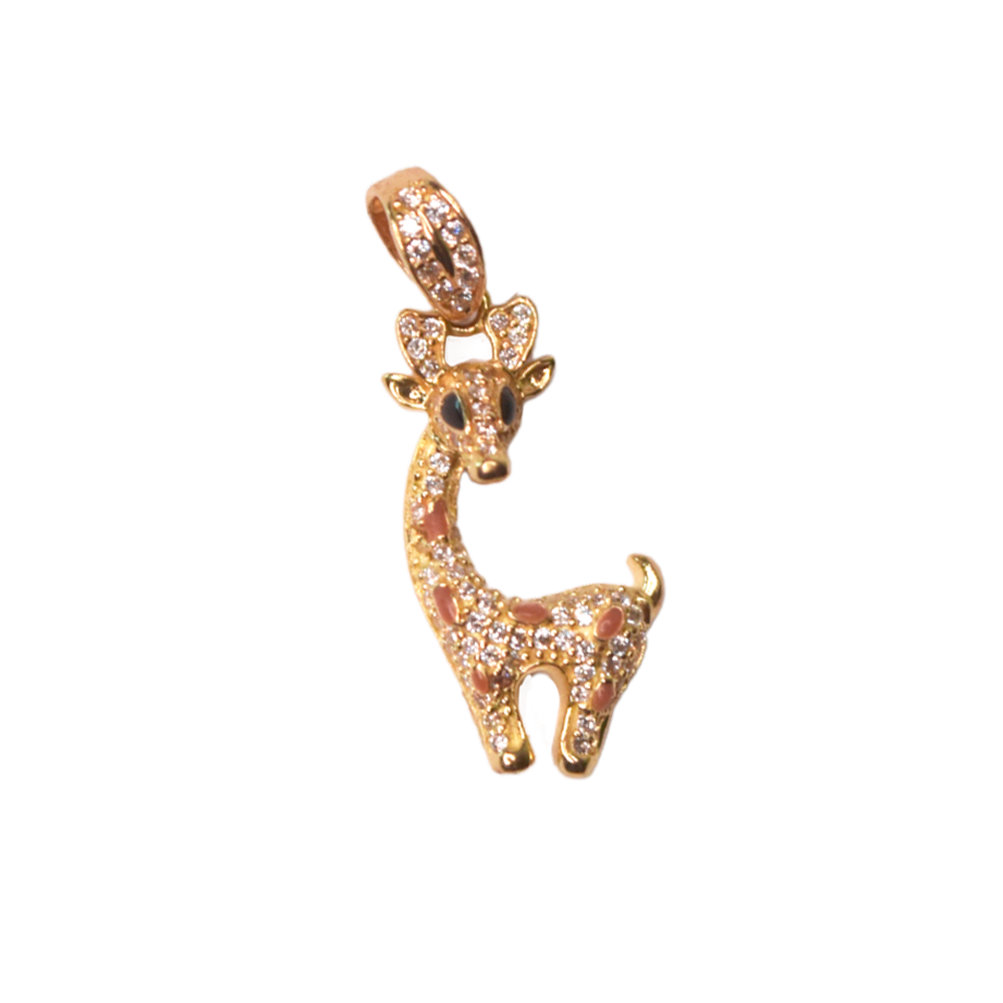 Dije con forma de Jirafa adornado con Zirconias en Corte Brillante y esmalte.  2,8 centímetros.  Oro Amarillo de 10 kilates.