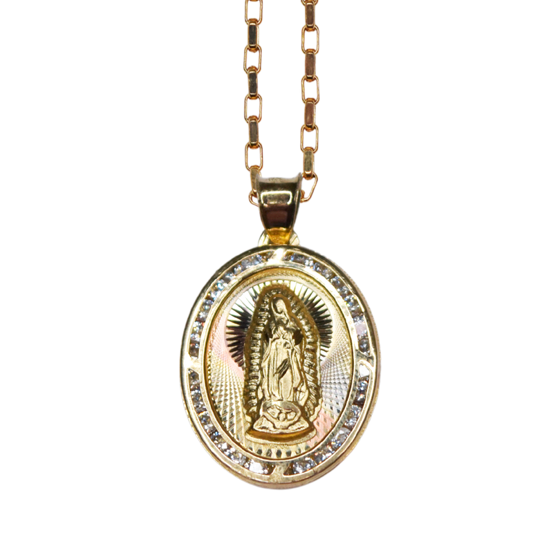 Dije Doble Vista Virgen y Sagrado Corazón Tres Oros 10k