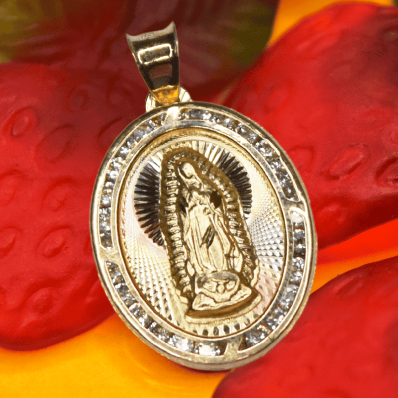 Dije Doble Vista Virgen y Sagrado Corazón Tres Oros 10k