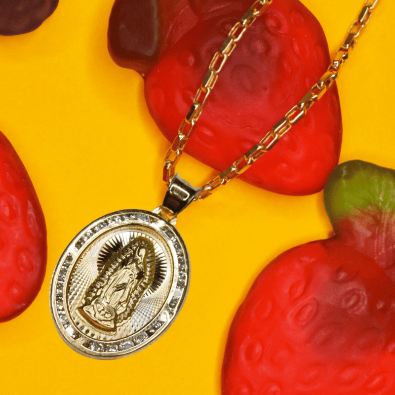 Dije Doble Vista Virgen y Sagrado Corazón Tres Oros 10k