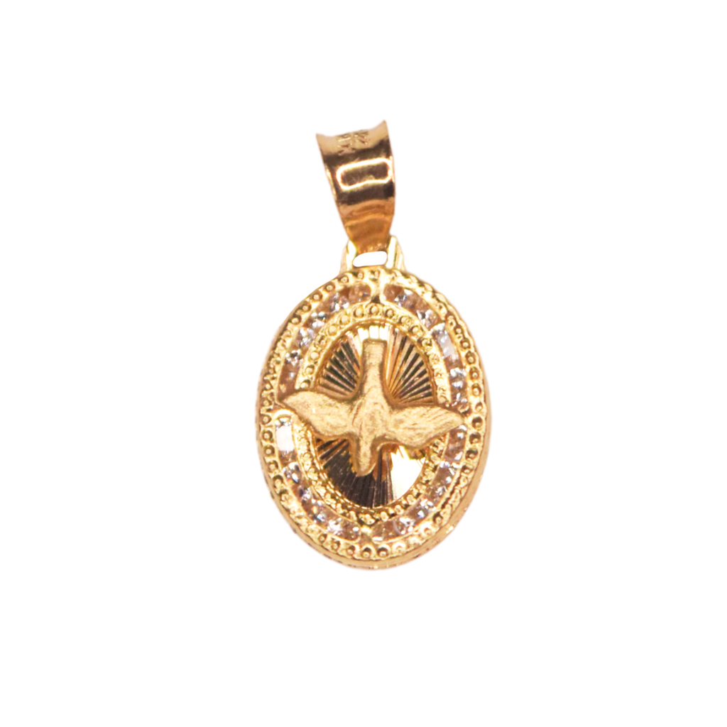 Medalla ovalada para Bautizo con imagen en relieve del Espíritu Santo adornada con zirconias en corte brillante.  Oro Amarillo de 10 kilates.
