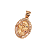 Medalla ovalada para Bautizo con imagen en relieve del Espíritu Santo adornada con zirconias en corte brillante.  Oro Combinado Amarillo, Blanco y Rosa de 10 kilates.