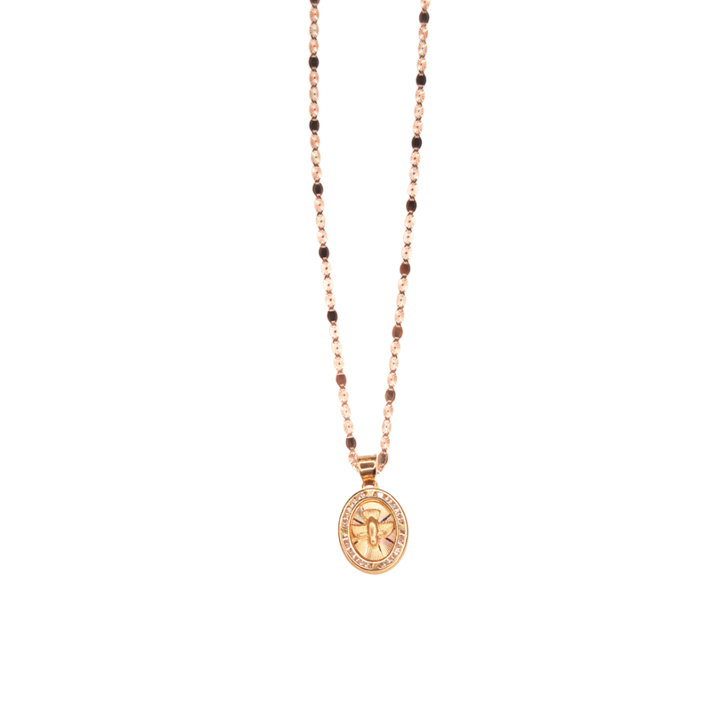 Medalla ovalada para Bautizo con imagen en relieve del Espíritu Santo adornada con zirconias en corte brillante.  Oro Combinado Amarillo, Blanco y Rosa de 10 kilates.