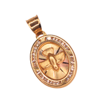 Medalla ovalada para Bautizo con imagen en relieve del Espíritu Santo adornada con zirconias en corte brillante.  Oro Combinado Amarillo, Blanco y Rosa de 10 kilates.