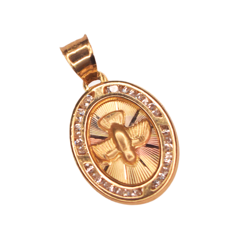 Medalla ovalada para Bautizo con imagen en relieve del Espíritu Santo adornada con zirconias en corte brillante.  Oro Combinado Amarillo, Blanco y Rosa de 10 kilates.