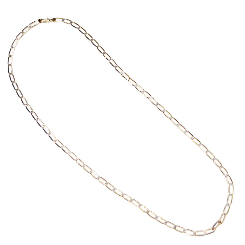 Cadena Diamantada eslabones largos.  Broche de Perico.  65cm de largo.  Oro Combinado Amarillo con Blanco de 10 kilates.