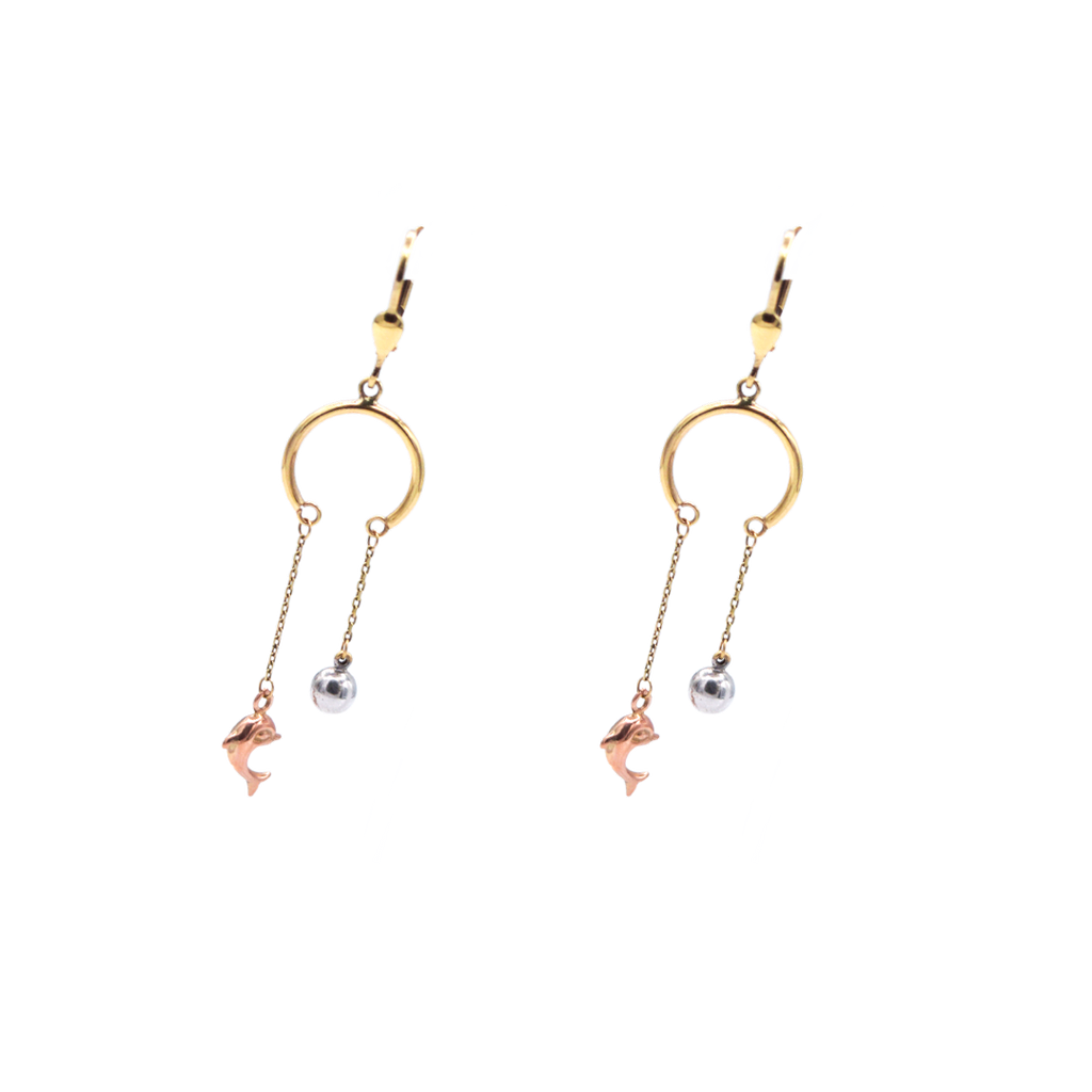 Aretes para Dama largos con Delfín y borla colgantes.  Broche de Gancho.  Oro Combinado Amarillo, Blanco y Rosa de 10 kilates.