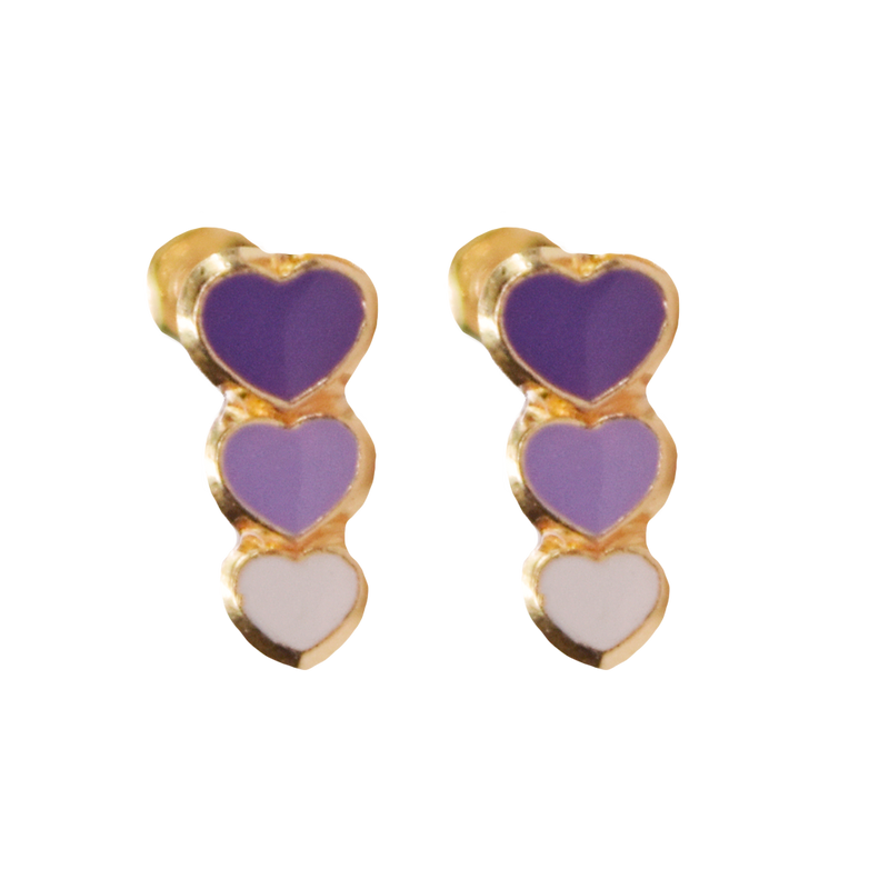 Broquel tres Corazones esmaltados en morado degradado.  Oro Amarillo de 10 kilates.