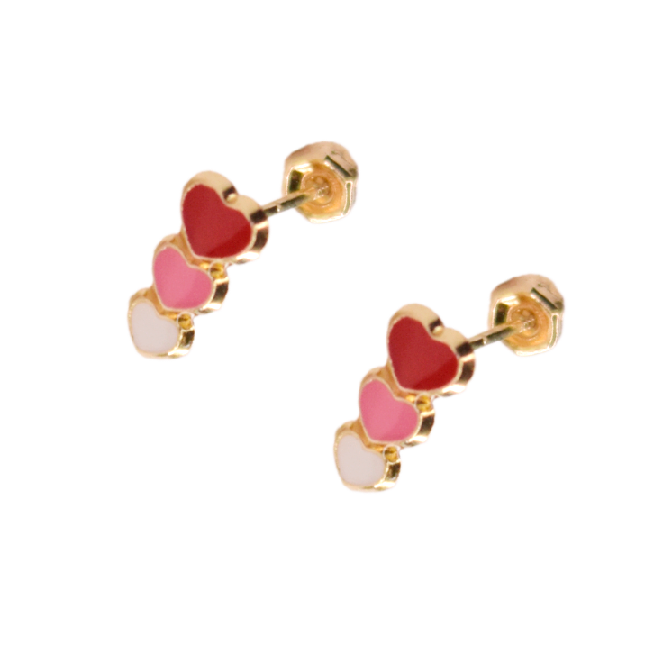 Broquel tres Corazones esmaltados en rojo degradado.  Oro Amarillo de 10 kilates.
