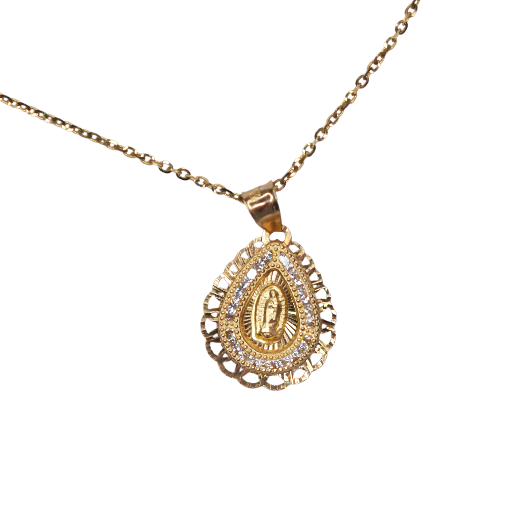 Dije Gota con imagen de Virgen de Guadalupe con adorno floral y zirconias en corte brillante.  Oro Amarillo de 10 kilates.