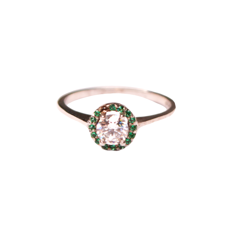 Anillo para Dama con piedra Central y halo de Zirconias verdes en Corte Brillante.  Oro Blanco de 10 kilates.