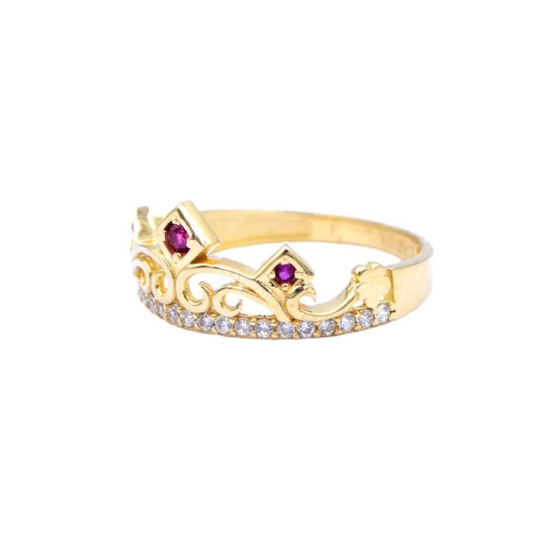 Anillo para Quinceañera Corona con tres piedras rosas y Zirconias en Corte Brillante.  Oro Amarillo de 10 kilates.