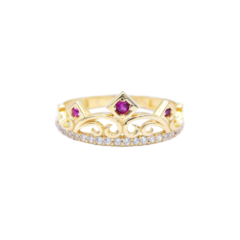 Anillo para Quinceañera Corona con tres piedras rosas y Zirconias en Corte Brillante.  Oro Amarillo de 10 kilates.