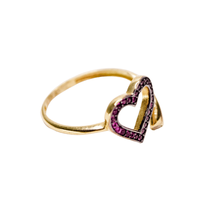 Anillo para Dama Resaque de Corazón con Zirconias Rosas en corte brillante.  Oro Amarillo de 10 kilates.