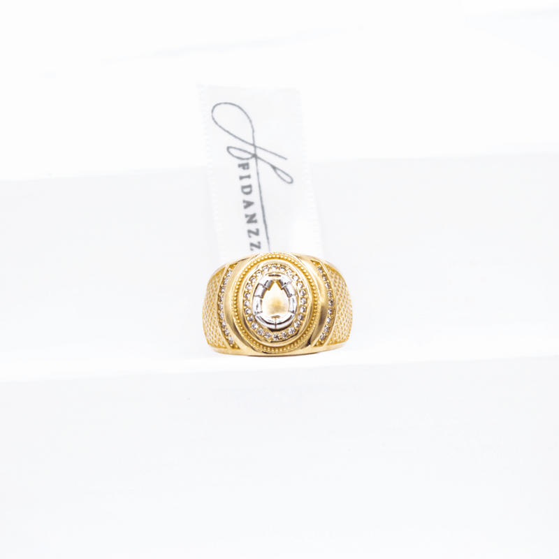Anillo para Caballero con Herradura en el centro y zirconias en corte brillante.  Oro Combinado Amarillo con Blanco de 10 Kilates.