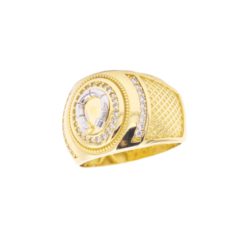 Anillo para Caballero con Herradura en el centro y zirconias en corte brillante.  Oro Combinado Amarillo con Blanco de 10 Kilates.