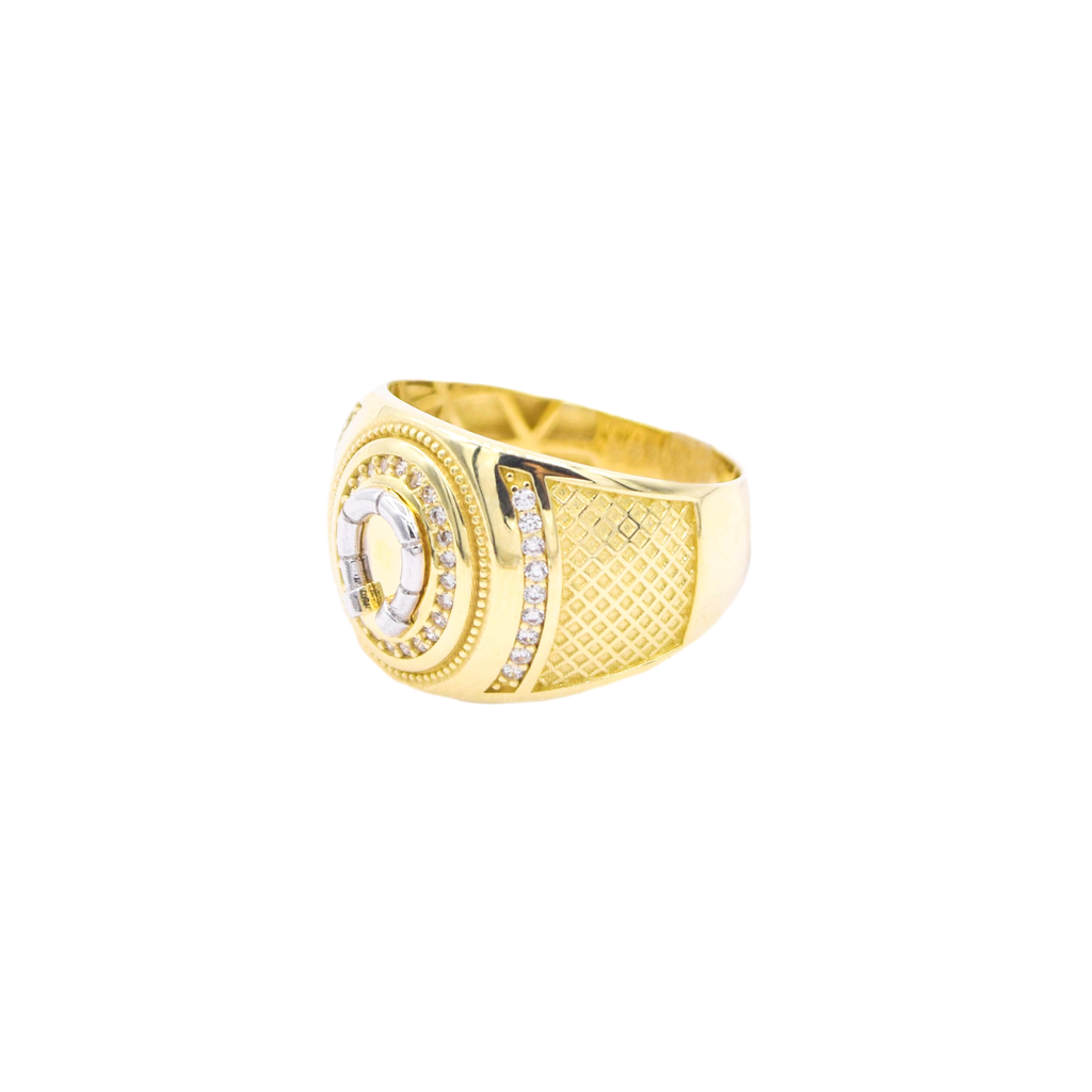 Anillo para Caballero con Herradura en el centro y zirconias en corte brillante.  Oro Combinado Amarillo con Blanco de 10 Kilates.