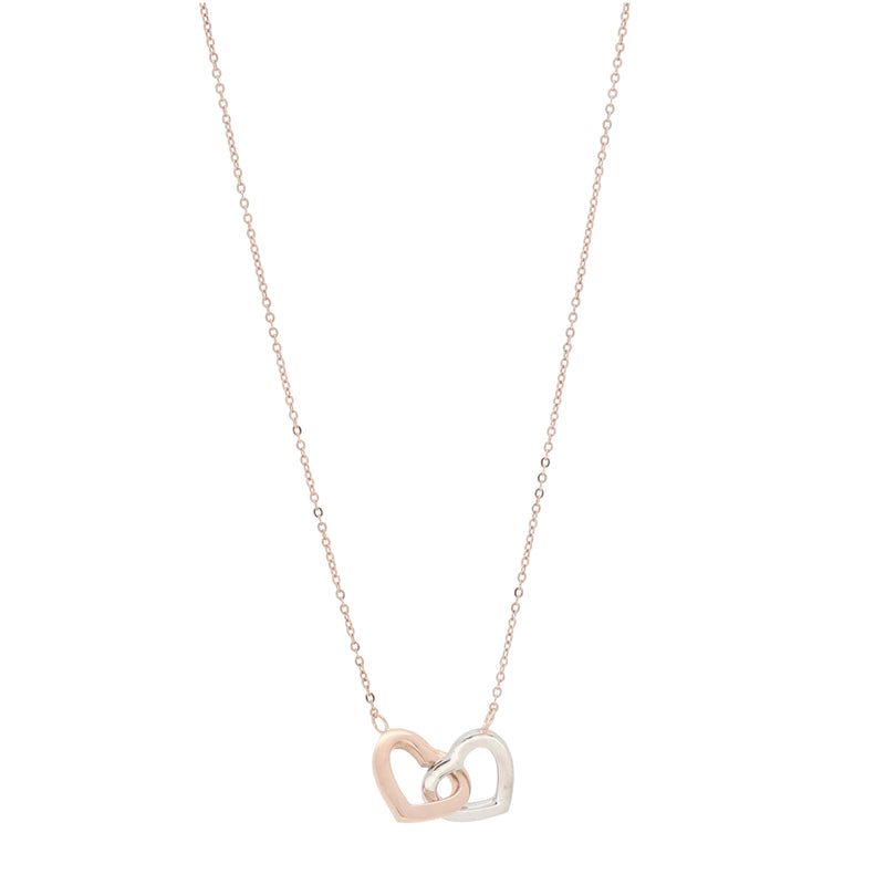 Collar de oro combinado 10kCollar de corazones chicos entrelazados.  Incluye cadena de 45cm con expansor para alargar o acortar la cadena.  Dije de oro combinado rosa/blanco y cadena de oro rosa 10 kilates.