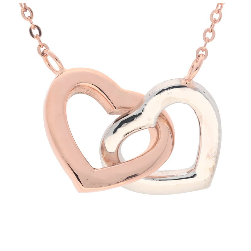 Collar de corazones chicos entrelazados.  Incluye cadena de 45cm con expansor para alargar o acortar la cadena.  Dije de oro combinado rosa/blanco y cadena de oro rosa 10 kilates.