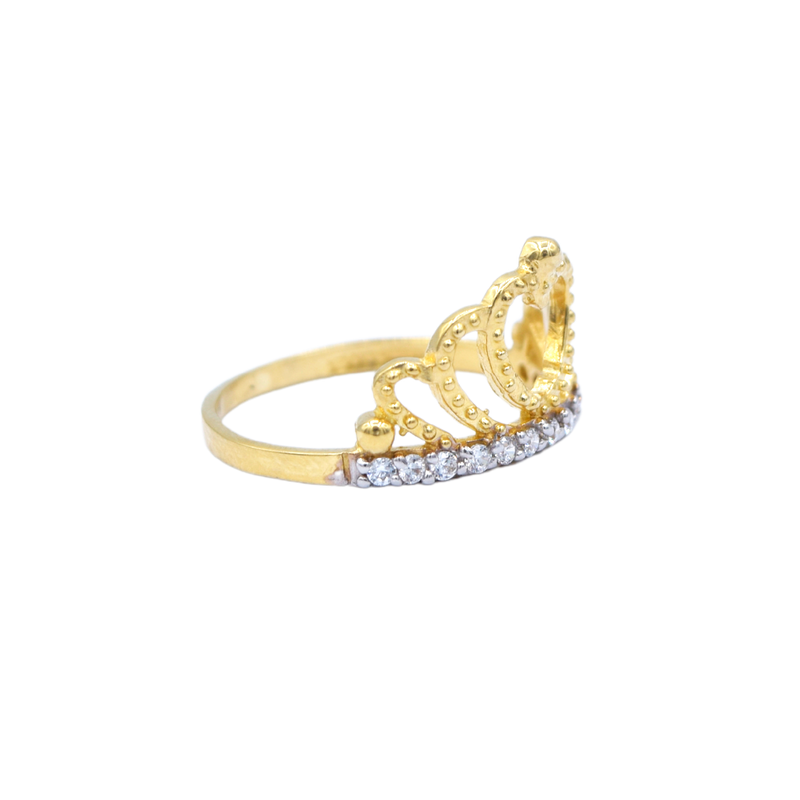 Anillo para Quinceañera Corona y Corazón con Zirconias en Corte Brillante.  Oro Amarillo de 10 kilates.
